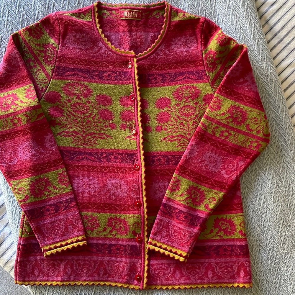 Oleana Floral Cardigan in Shades of Red, Green, with accents of Pink and Purple